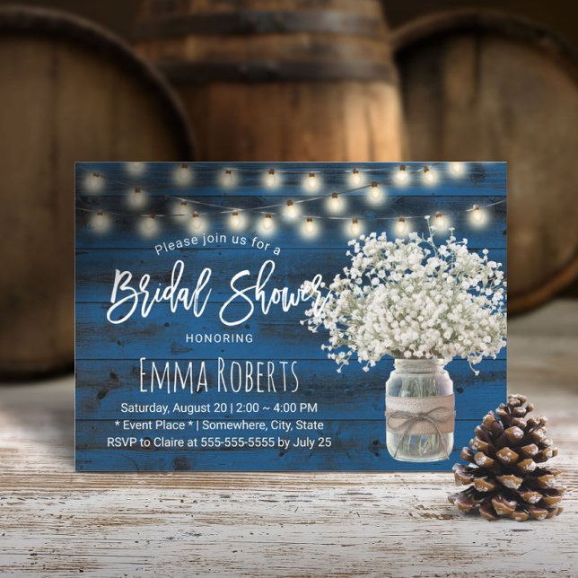 Baby's Breath Jar Navy Barn Wood Bridal Shower Invitation (Creator Uploaded)