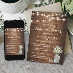 Baby's Breath Jar String Lights Rehearsal Dinner Invitation
