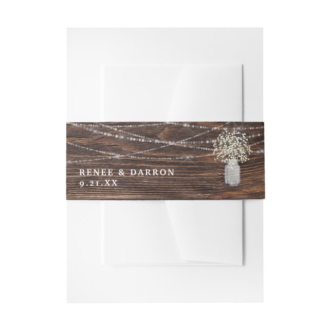 Baby's Breath, Jar, Wood & String Lights Floral Invitation Belly Band (Front Example)
