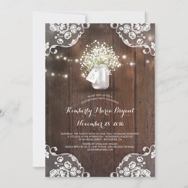 Baby's Breath Mason Jar Barn Wood Birthday Party Invitation (Front)