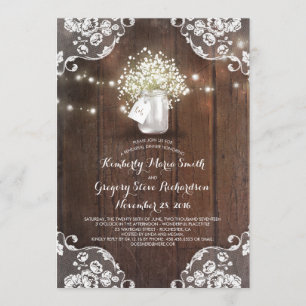 Baby's Breath Mason Jar Barn Wood Rehearsal Dinner Invitation