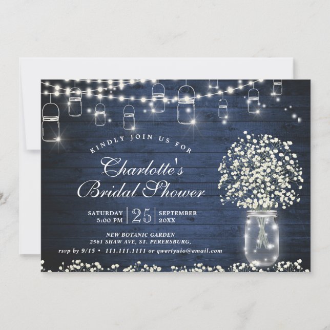 Baby's Breath Mason Jar Blue Rustic Bridal Shower Invitation (Front)