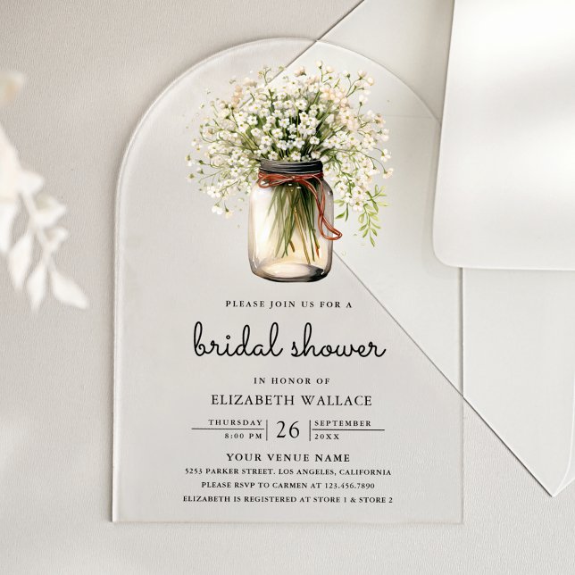 Baby's Breath Mason Jar Bridal Shower Acrylic Invitations (Creator Uploaded)