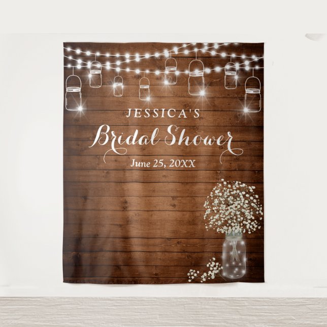 Baby's Breath Mason Jar Bridal Shower Backdrop Tapestry (Front)