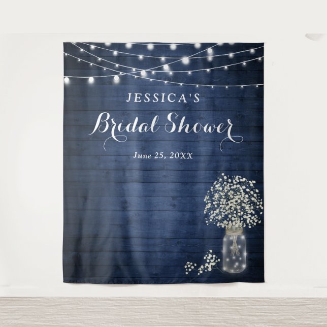 Baby's Breath Mason Jar Bridal Shower Backdrop Tapestry (Front)