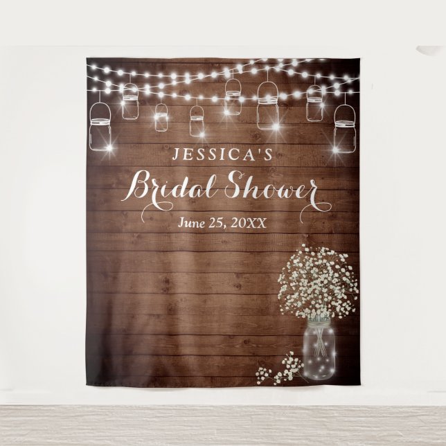 Baby's Breath Mason Jar Bridal Shower Backdrop Tapestry (Front)