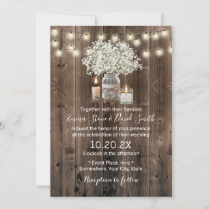 Baby's Breath Mason Jar & Candles Rustic Wedding Invitation
