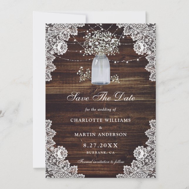 Baby's Breath Mason Jar Floral Lace Burlap Wood Save The Date (Front)