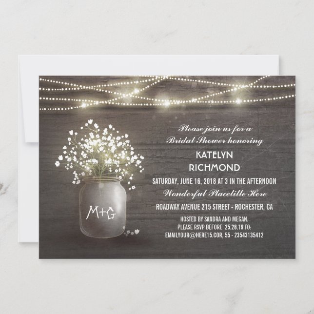 Baby's Breath Mason Jar Lights Bridal Shower Invitation (Front)