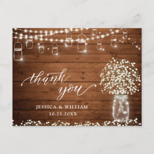 Baby's Breath Mason Jar Lights Rustic Thank You Postcard