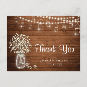 Baby's Breath Mason Jar Lights Rustic Thank You Postcard