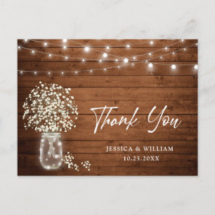 Baby's Breath Mason Jar Lights Rustic Thank You Postcard