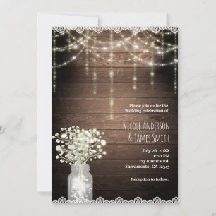 Baby's Breath Mason Jar Lights & Wood Wedding Invitation