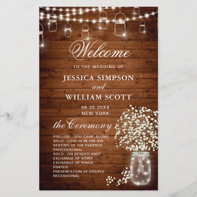 Baby's Breath Mason Jar Mariage Ceremony Programme (Devant)