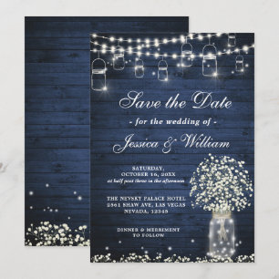 Baby's Breath Mason Jar Rustic Blue Wood Wedding Invitation