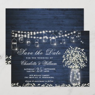 Baby's Breath Mason Jar Rustic Blue Wood Wedding Invitation