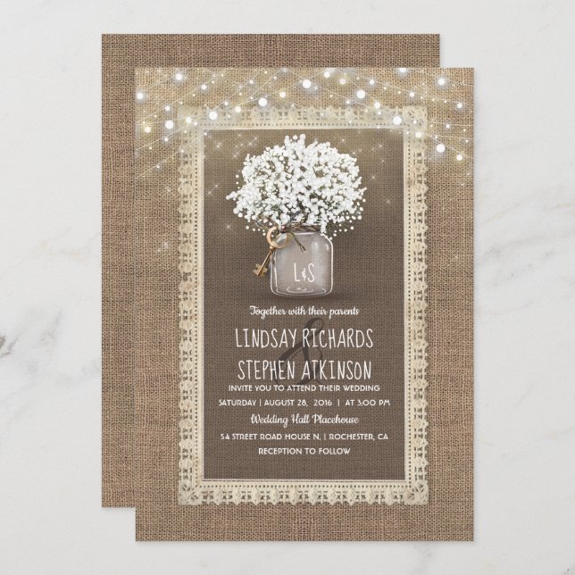 Baby's Breath Mason Jar Rustic Burlap Lace Wedding Invitation (Front/Back)