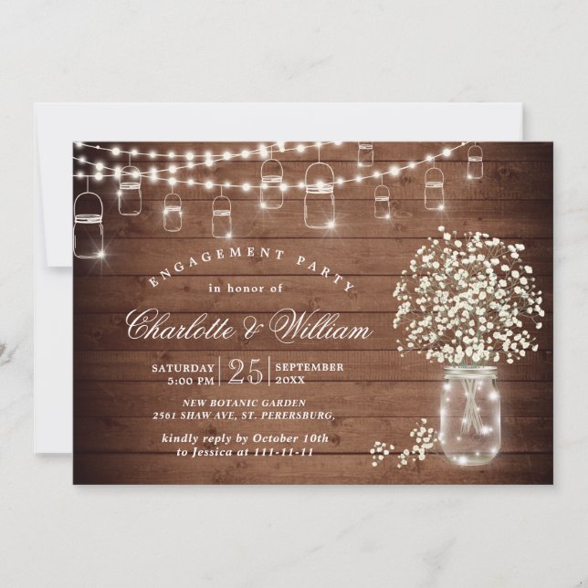 Baby's Breath Mason Jar Rustic Engagement Party Invitation (Front)