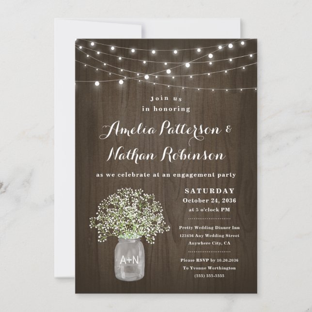 Babys Breath Mason Jar Rustic Engagement Party Invitation (Front)