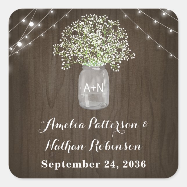 Babys Breath Mason Jar Rustic Fairy Lights Wedding Square Sticker (Front)