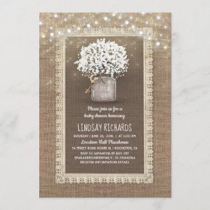 Baby's Breath Mason Jar Rustic Lace Baby Shower Invitation