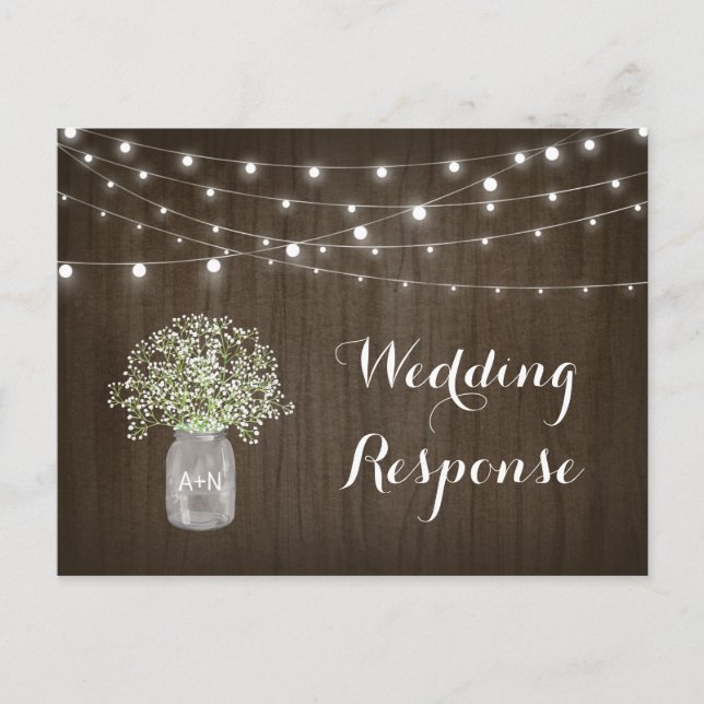 Babys Breath Mason Jar Rustic Lights Wedding RSVP Postcard (Front)