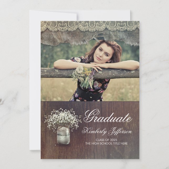 Baby's Breath Mason Jar Rustic Photo Graduation Invitation (Front)