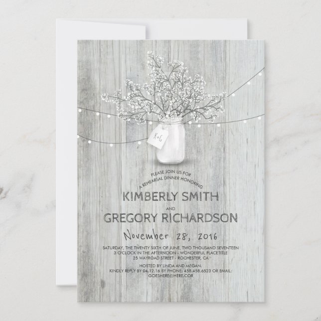 Baby's Breath Mason Jar Rustic Rehearsal Dinner Invitation (Front)
