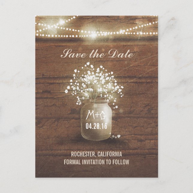 baby's breath mason jar rustic save the date announcement postcard (Front)