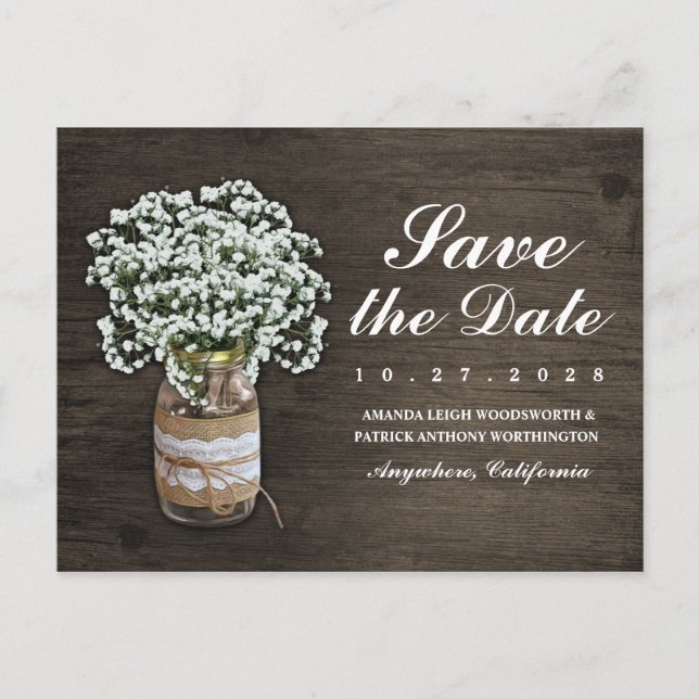 Baby's Breath Mason Jar Rustic Save The Date Cards (Front)