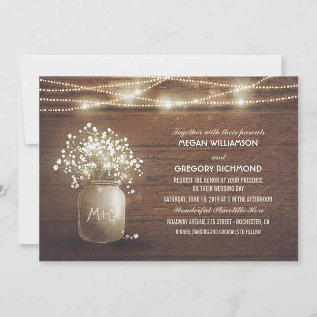 Baby's Breath Mason Jar Rustic Vintage Wedding Invitation (Front)