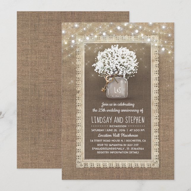 Baby's Breath Mason Jar Rustic Wedding Anniversary Invitation (Front/Back)