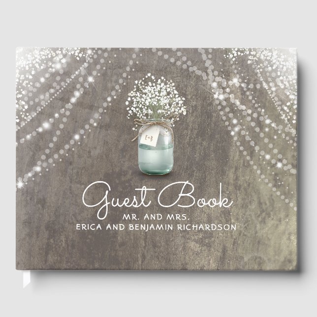 Baby's Breath Mason Jar Rustic Wedding Guest Book (Front)