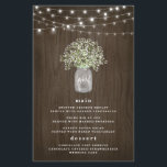 Babys Breath Mason Jar Rustic Wedding Menu Cards<br><div class="desc">Design features a country rustic watercolor wood grain background with elegant fairy twinkle string lights. Template also features a mason jar filled with baby's breath. You can change the demo initials on the jar to your very own.</div>