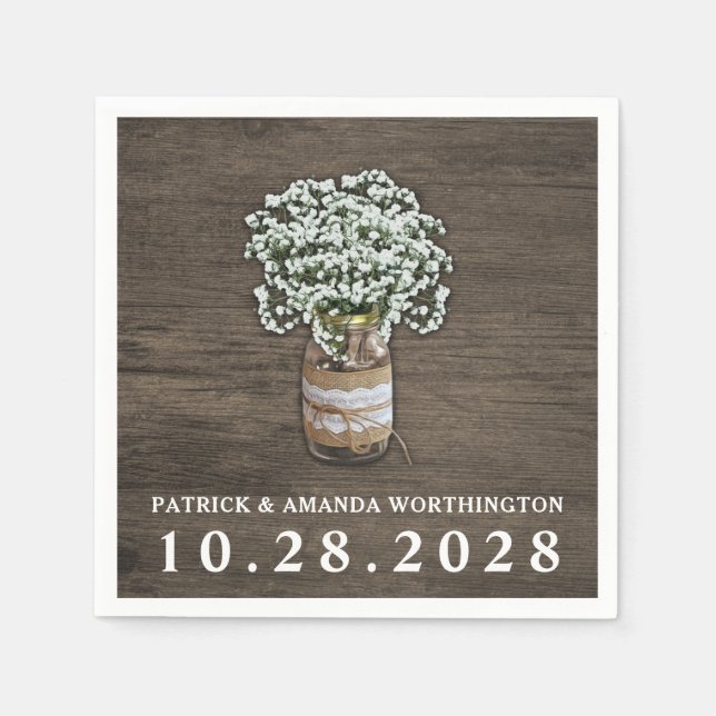 Baby's Breath Mason Jar Rustic Wedding Napkins (Front)