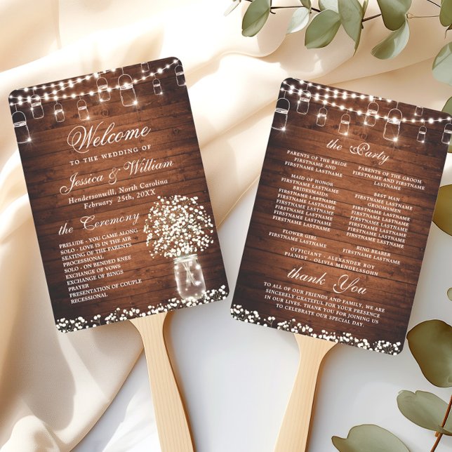 Baby's Breath Mason Jar Rustic Wedding Program Hand Fan (Creator Uploaded)
