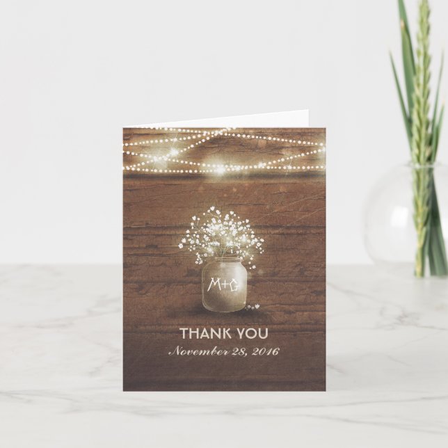 Baby's Breath Mason Jar Rustic Wedding Thank You (Front)