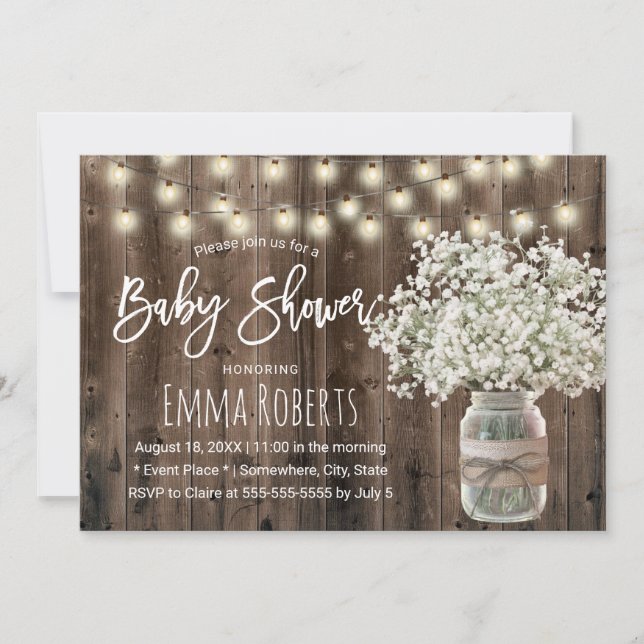 Baby's Breath Mason Jar Rustic Wood Baby Shower Invitation (Front)
