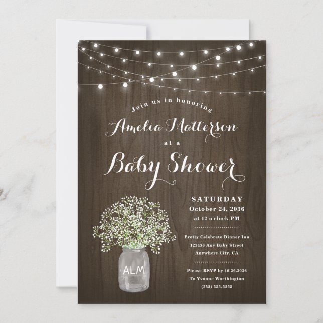 Babys Breath Mason Jar Rustic Wood Baby Shower Invitation (Front)