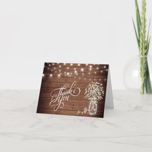 Baby's Breath Mason Jar Rustic  Wood Floral Thank You Card (Front)