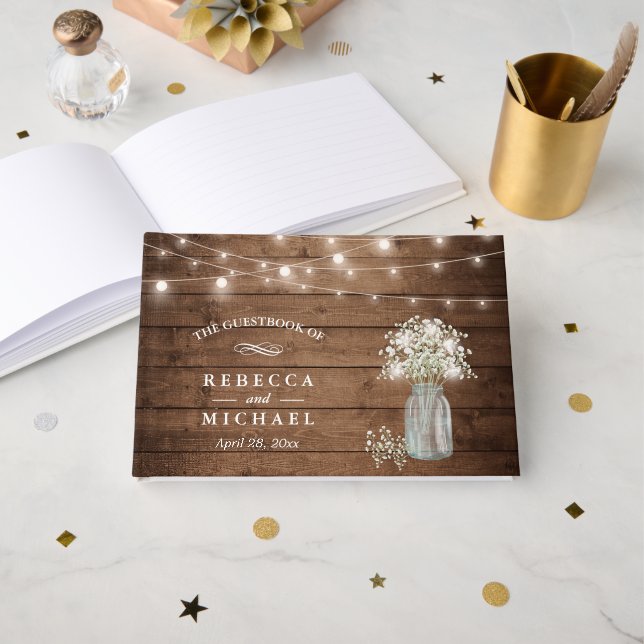 Baby's Breath Mason Jar Rustic Wood Lights Wedding Guest Book (Front Open)