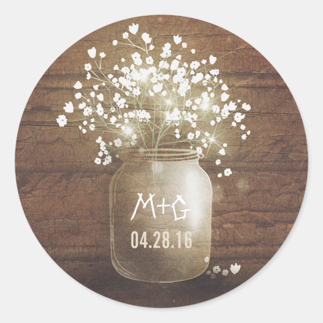Baby's Breath Mason Jar Rustic Wood Wedding Classic Round Sticker (Front)