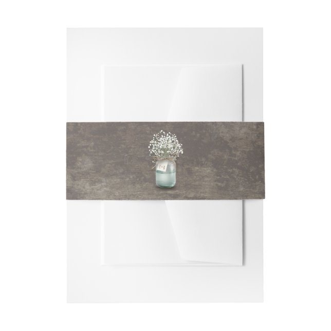Baby's Breath Mason Jar Rustic Wood Wedding Invitation Belly Band (Front Example)