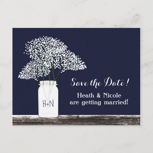 Baby's Breath Mason Jar Save The Date Postcard (Front)