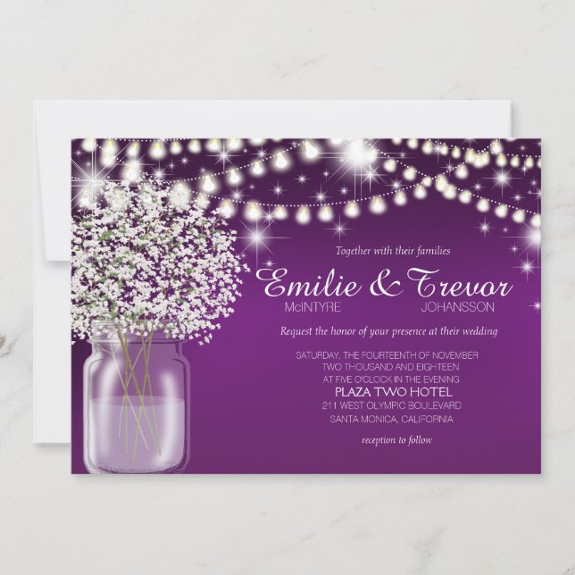 Baby's Breath Mason Jar String Lights purple Invitation (Front)