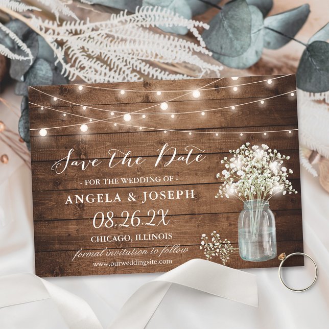 Baby's Breath Mason Jar String Lights Wedding Save The Date (Creator Uploaded)