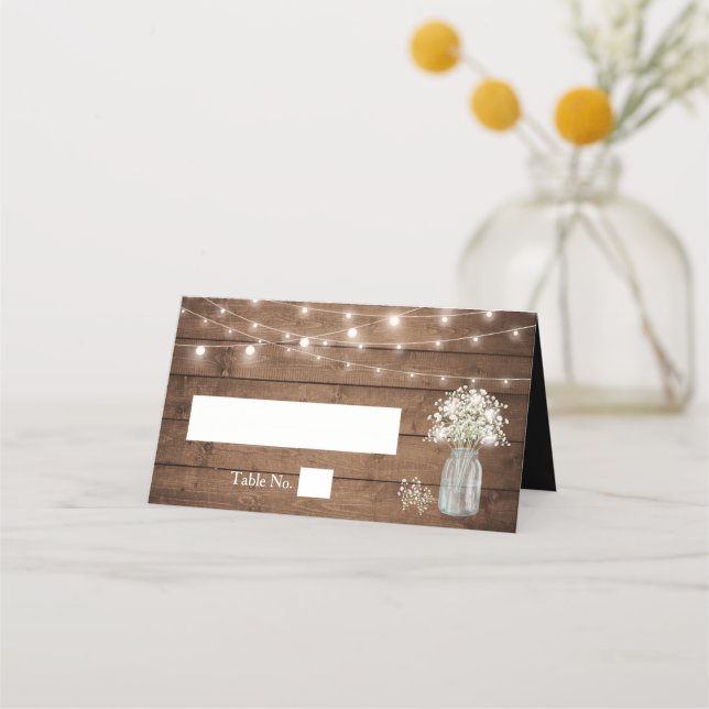 Baby's Breath Mason Jar String Lights Wood Wedding Place Card (Front)