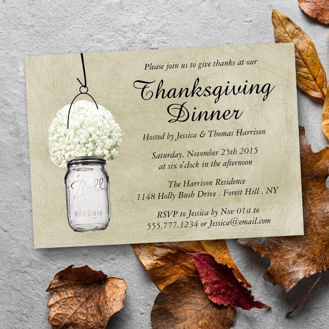 Baby's Breath & Mason Jar Thanksgiving Dinner Invitation (Creator Uploaded)