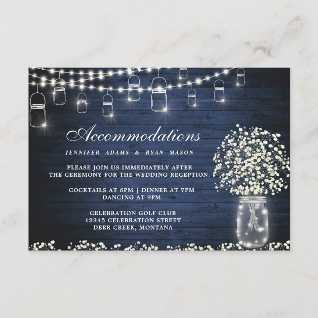 Baby's Breath Mason Jar Wedding Accommodations Enclosure Card (Front)