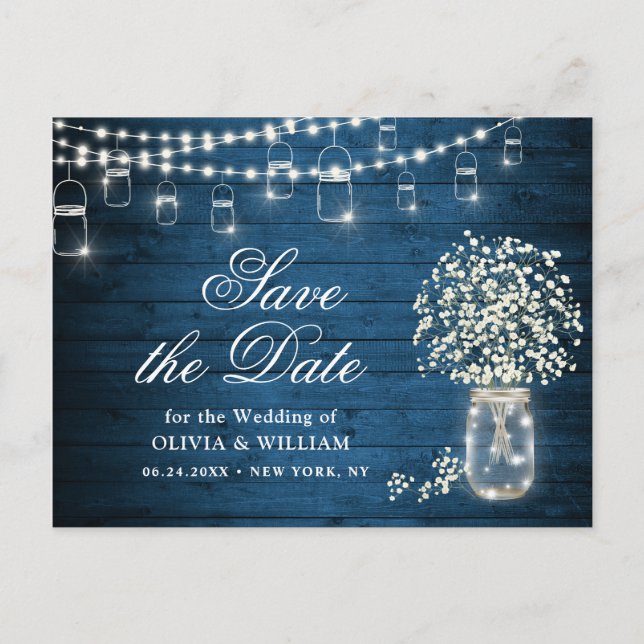Baby's Breath Mason Jar Wedding Save the Date Postcard (Front)